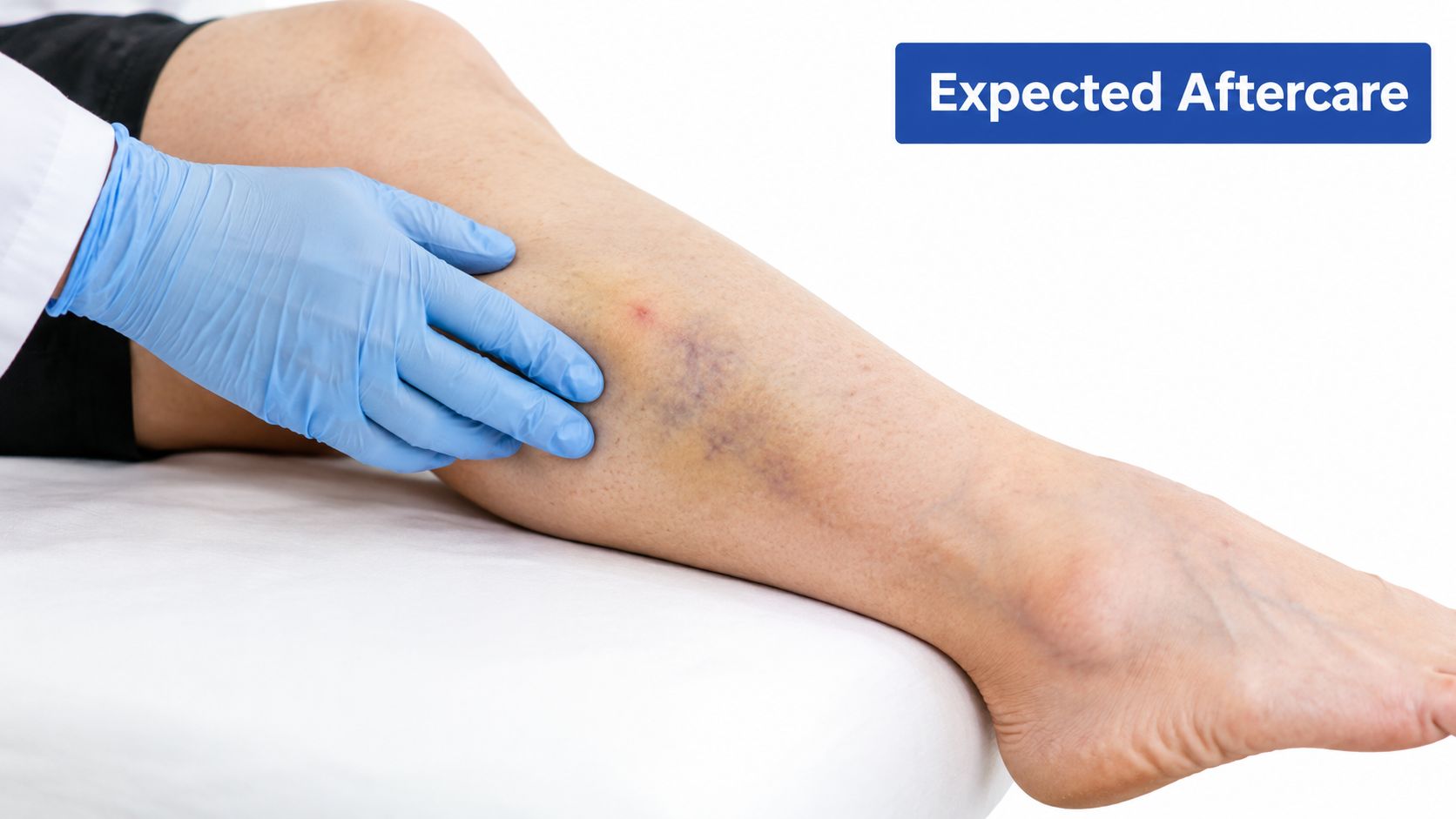 A medical professional in blue gloves examining bruising on a patient's lower leg after vein treatment.