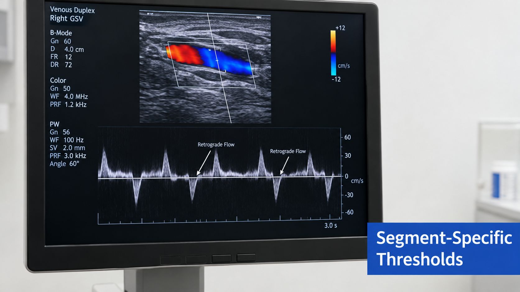 An ultrasound monitor displaying a venous duplex scan of the right saphenous vein with retrograde flow.