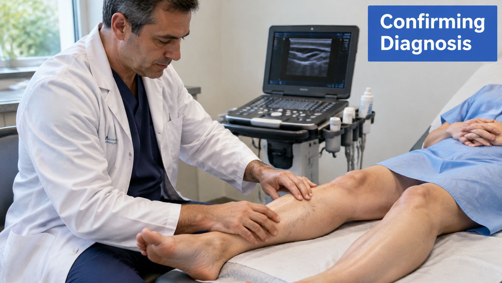 A doctor examines a patient's leg for venous insufficiency using an ultrasound machine in a clinic.