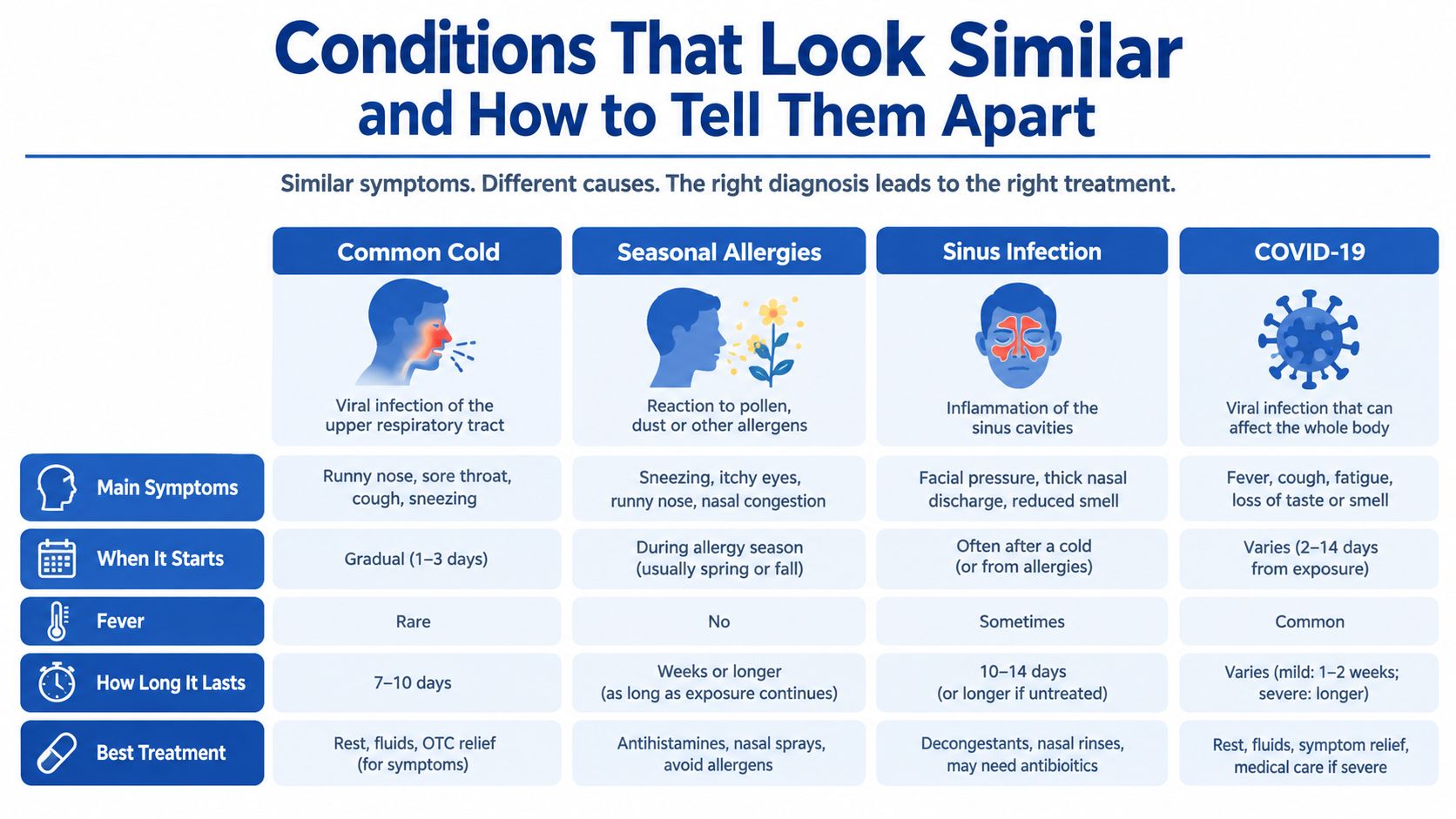 A comparison chart outlining symptoms, onset, fever, duration, and treatments for common cold, allergies, sinus infections, and COVID-19.