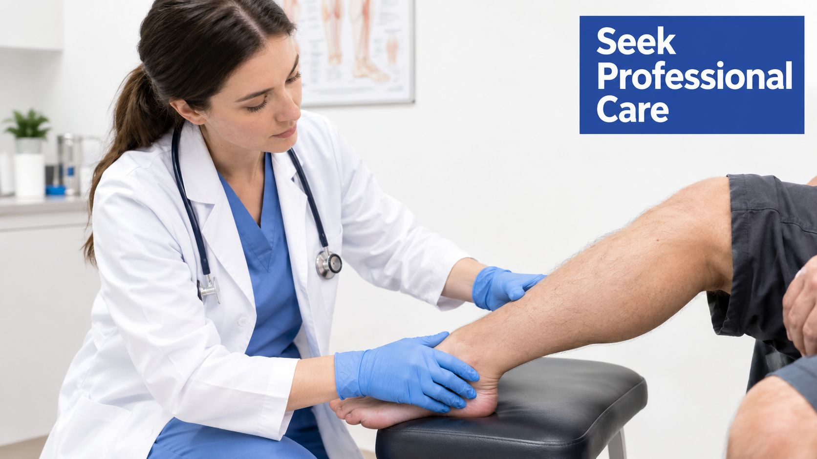 A professional doctor wearing blue gloves examines a patient's leg in a clean medical office setting.