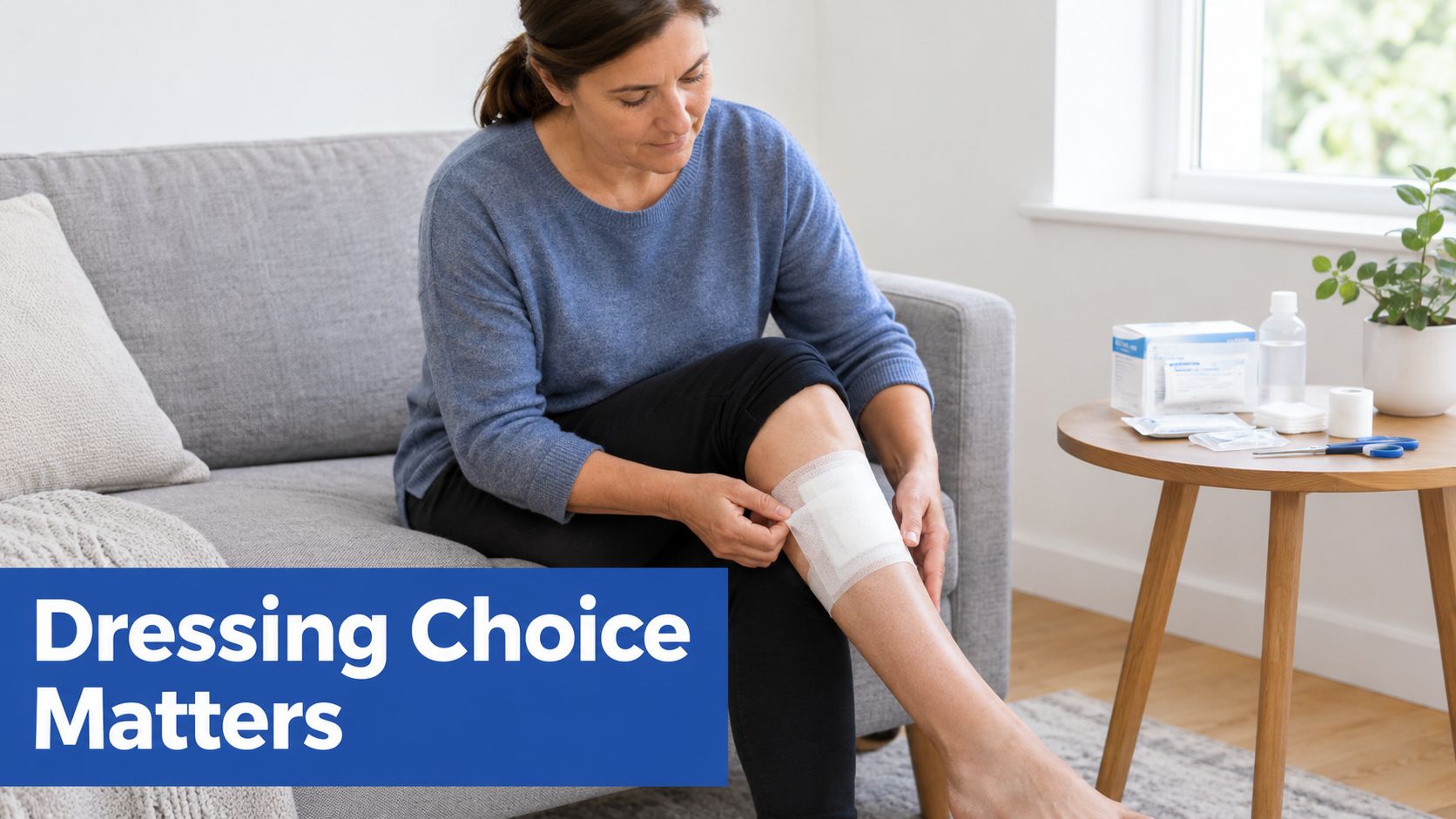 A woman sitting on a sofa while applying a medical dressing to her leg wound.