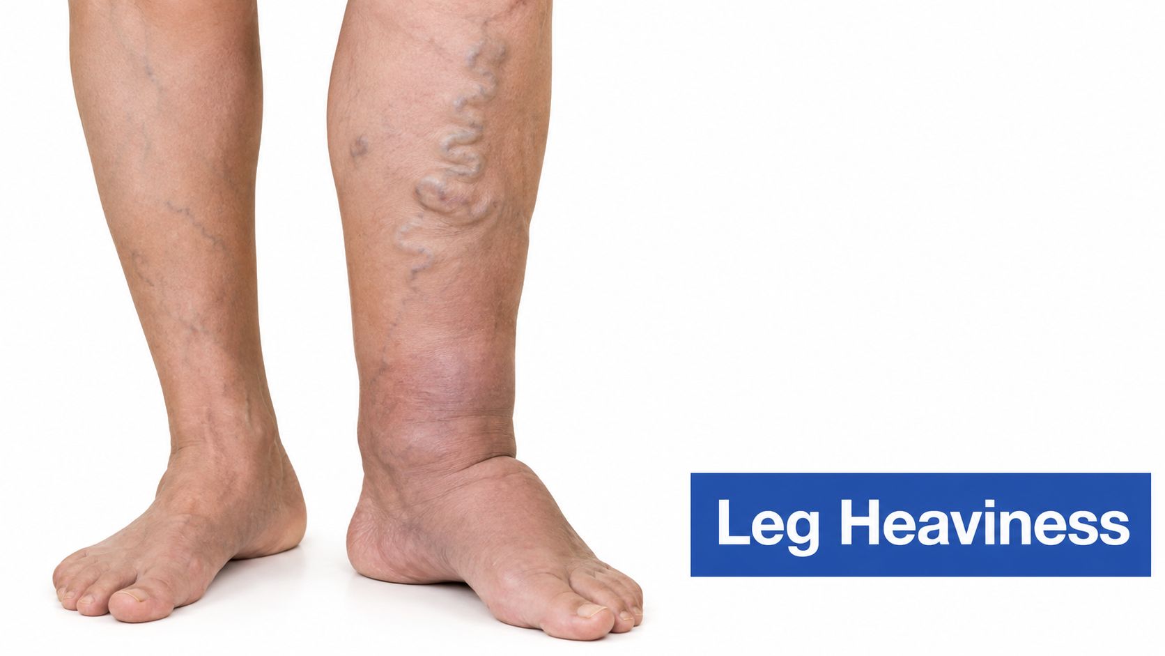 A pair of human legs showing visible varicose veins, swelling, and signs of chronic venous insufficiency.
