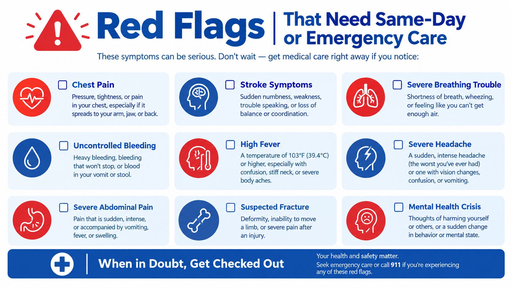 An infographic titled Red Flags listing medical symptoms that require immediate same-day or emergency medical attention.