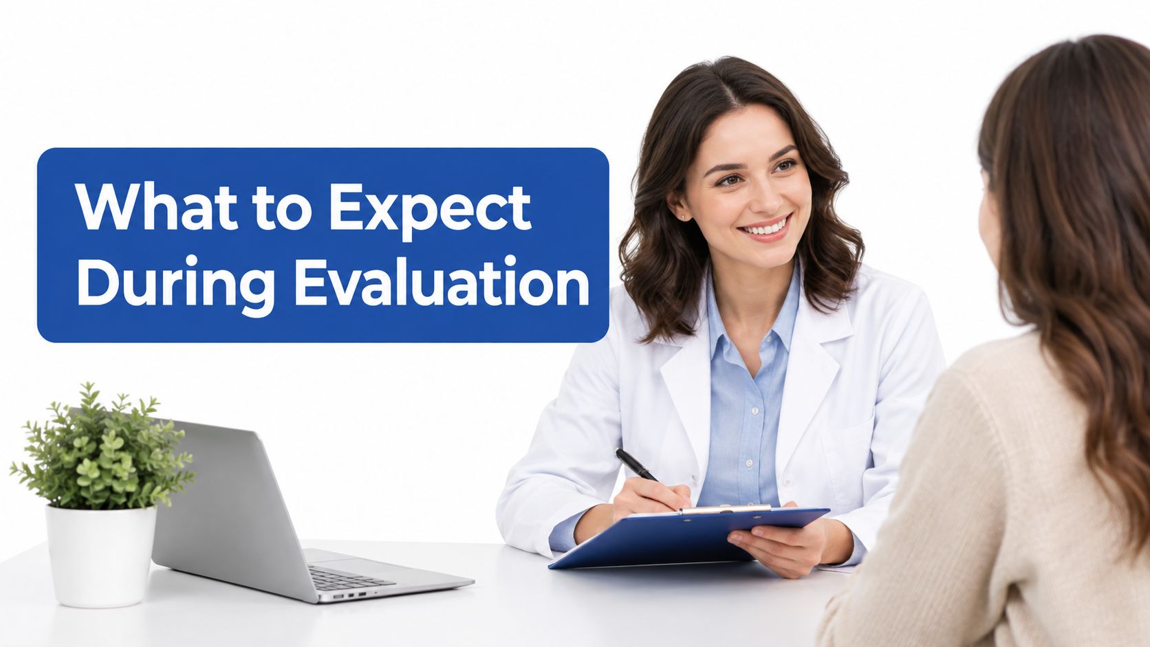 A friendly female doctor smiling while consulting with a patient during a medical evaluation in an office.