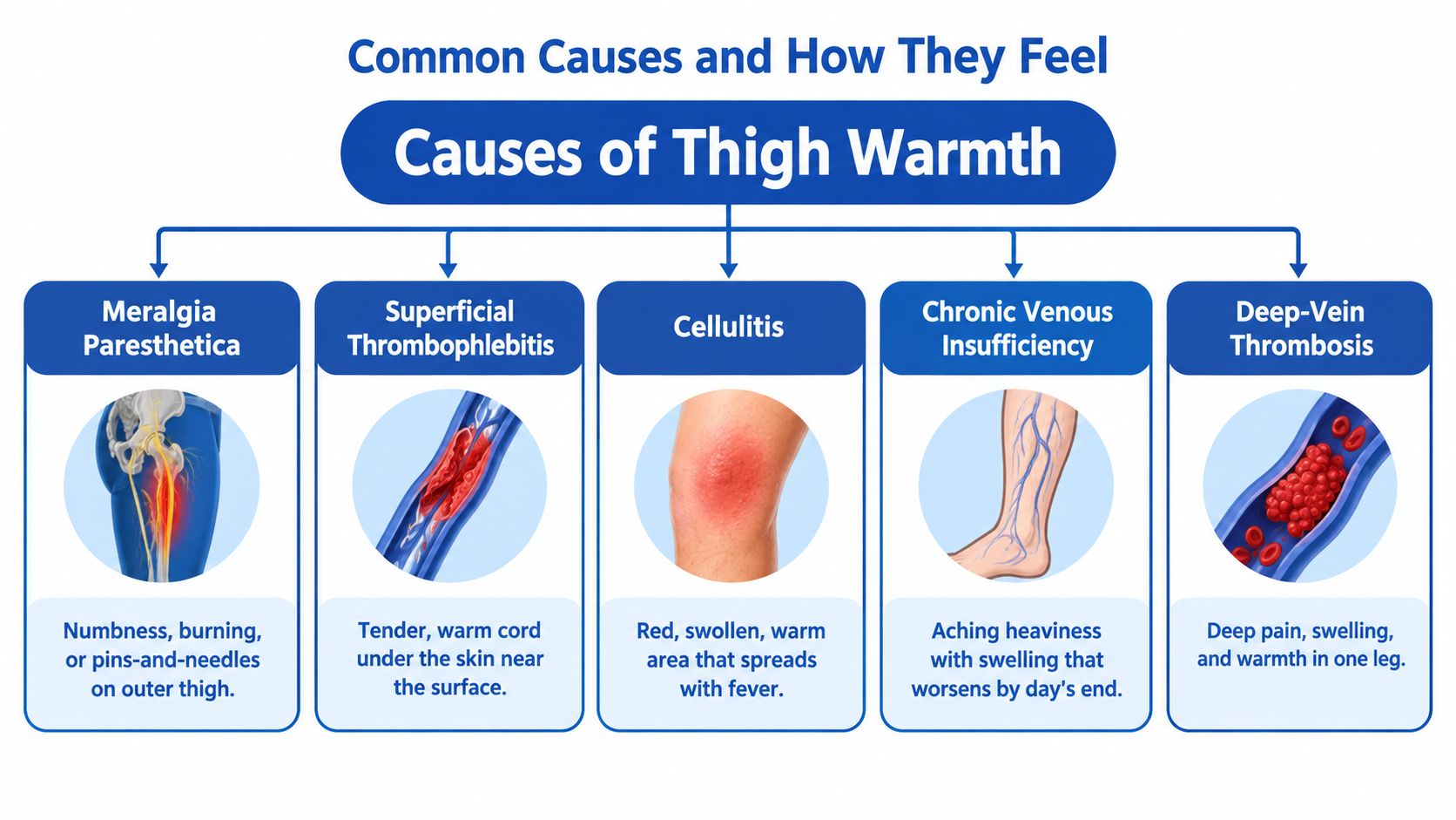 A medical infographic outlining common causes of warmth in the thigh, including Meralgia Paresthetica and thrombosis.