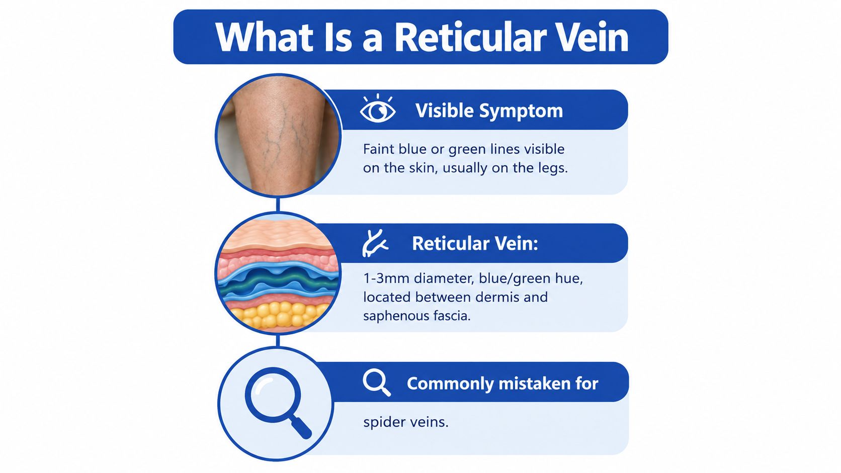 An infographic explaining what a reticular vein is, including its visible symptoms and clinical characteristics.