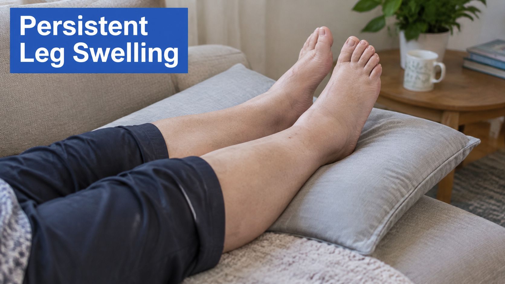 A person resting their swollen legs on a pillow on a couch for relief.