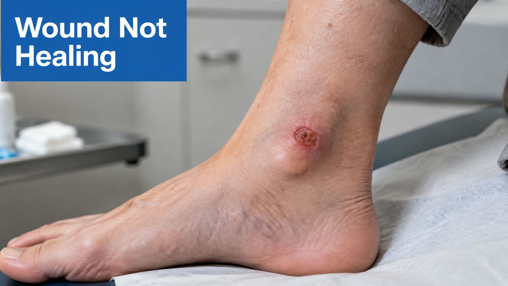 A close-up view of an unhealed wound or skin ulcer on a patient's lower ankle area.