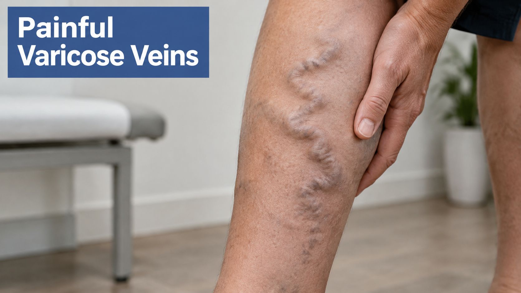 A close-up view of a human leg showing visible, twisted, and protruding painful varicose veins.