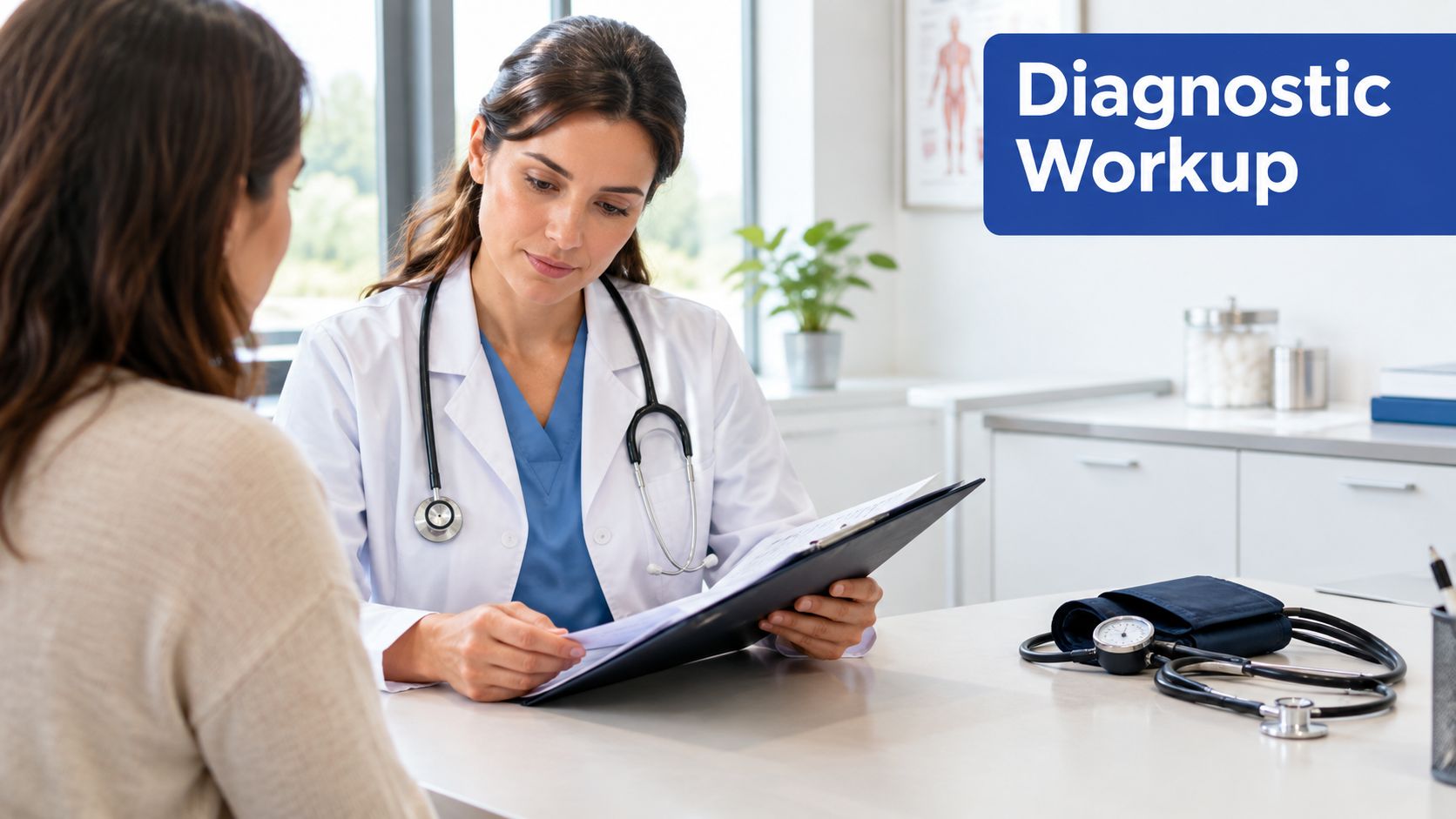 A female doctor with a stethoscope sits at a desk while consulting with a patient in an office.