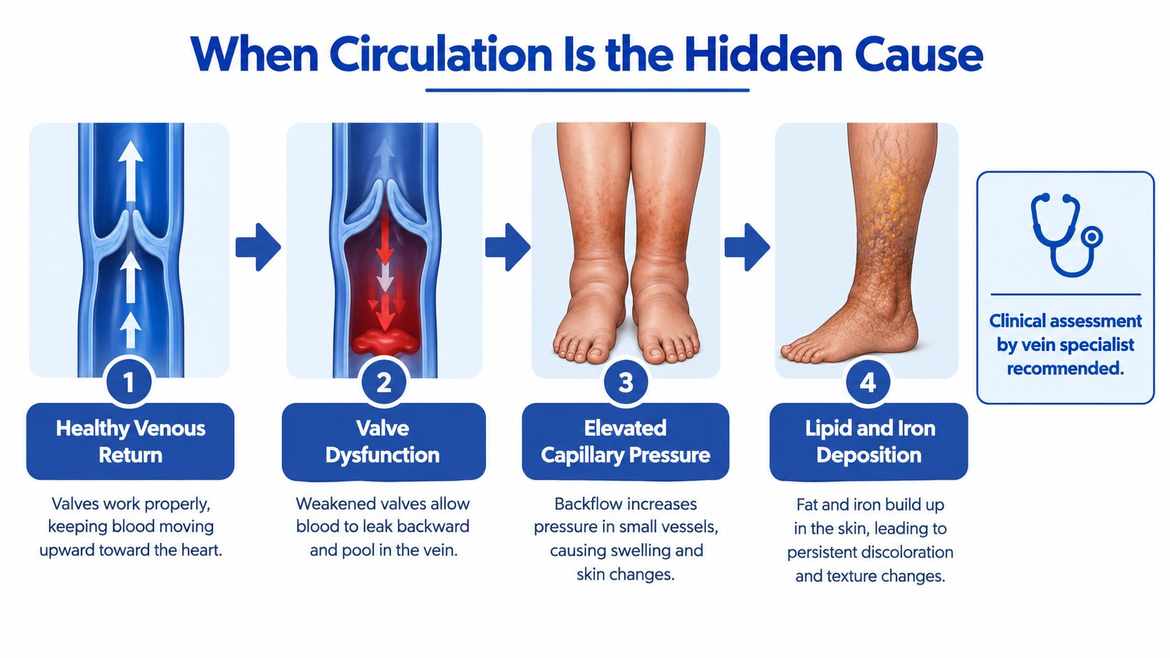 An infographic showing the four stages of venous disease causing yellow spots on the lower legs.